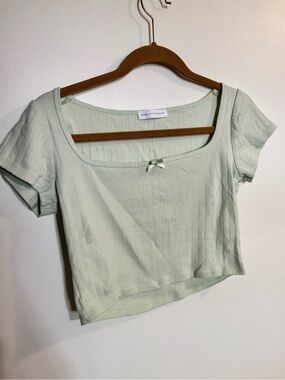 gaze Sage Green Ribbed Scoop Crop Top with Bow